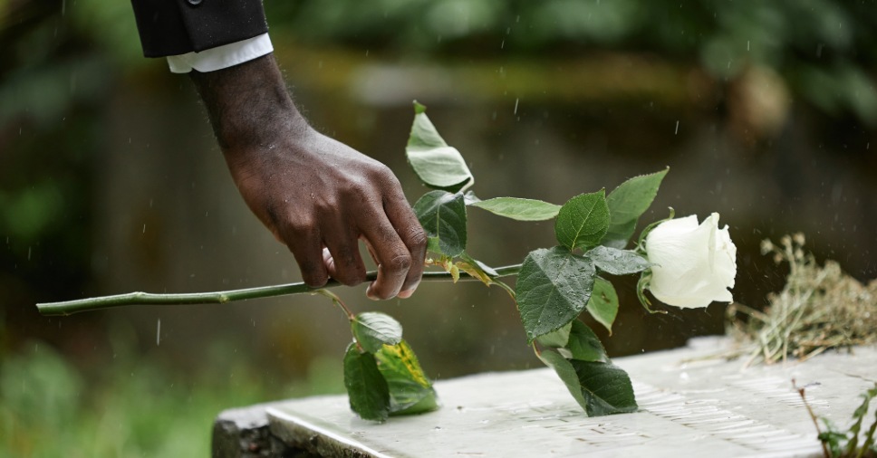 Mão coloca uma rosa branca sobre jazigo sob chuva em homenagem na cremação.