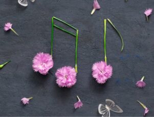 Saiba mais sobre músicas de rock sobre despedidas! Notas musicais feitas com flores cor-de-rosa representam músicas de rock sobre despedidas.